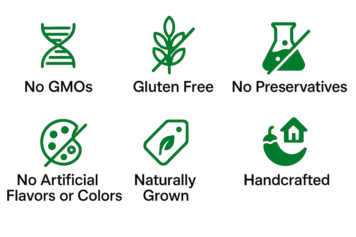 No GMOs, Gluten Free, No Preservatives, No Artificial Flavors or Colors, Naturally Grown, Handcrafted